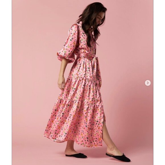 Ann Mashburn Sz S Isla Maxi Dress Pink Floral Charmeuse EUC - Picture 2 of 16